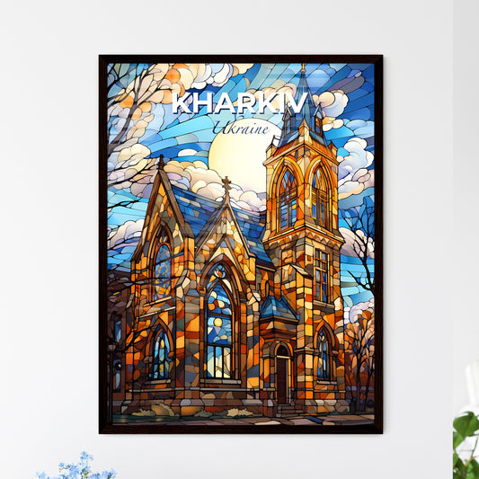 Kharkiv, Ukraine, A Poster of a stained glass church with a sun behind it Default Title