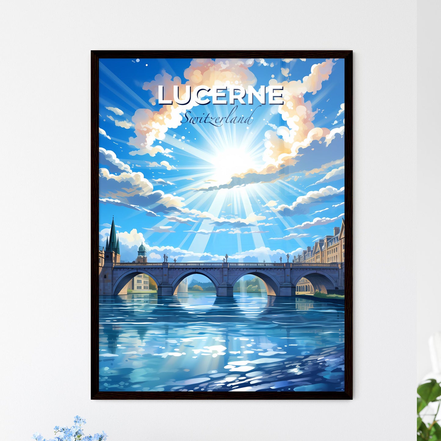 Lucerne, Switzerland, A Poster of a bridge over a river with buildings and a bridge and sun Default Title