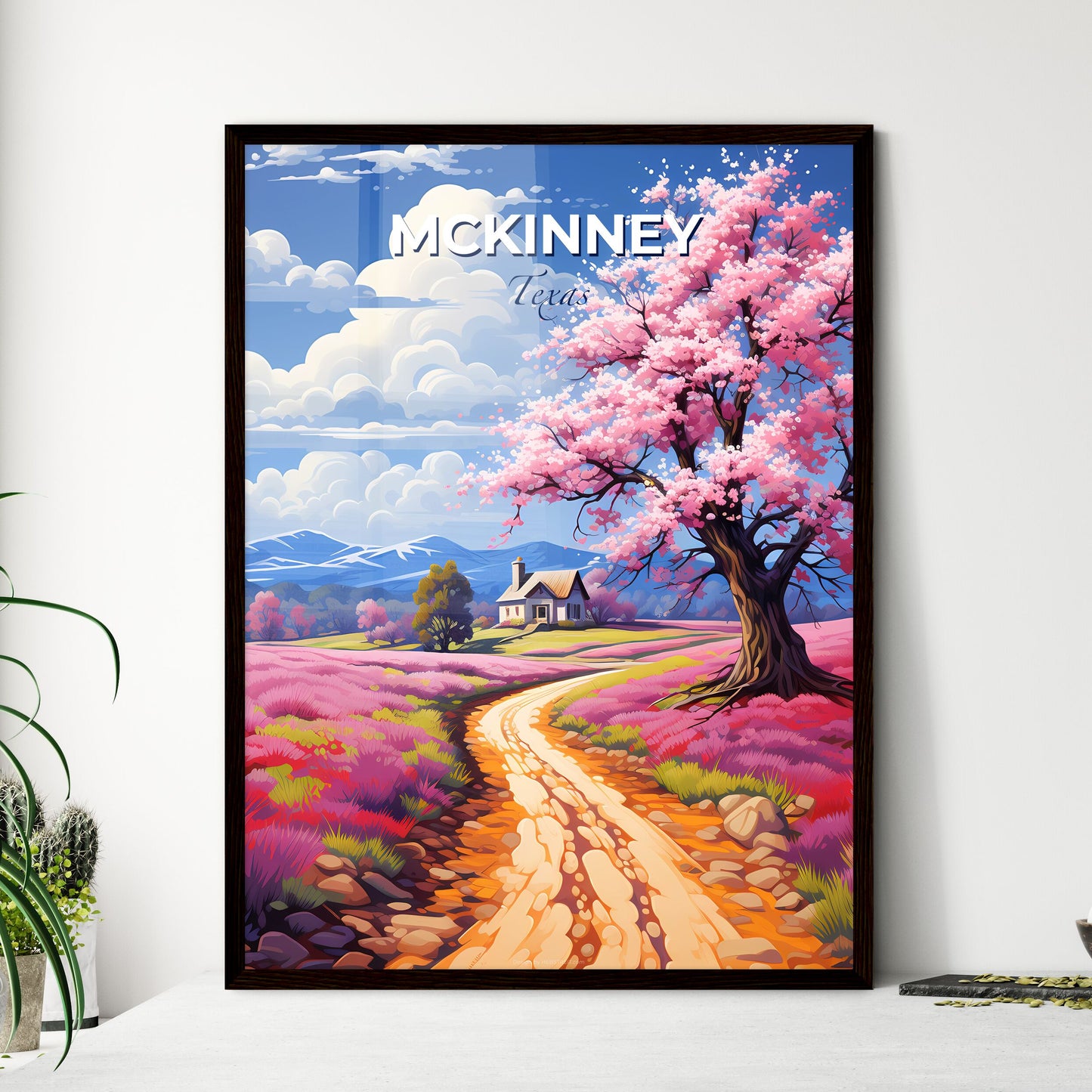 Mckinney, Texas, A Poster of a road through a field of pink flowers with a tree and a house Default Title