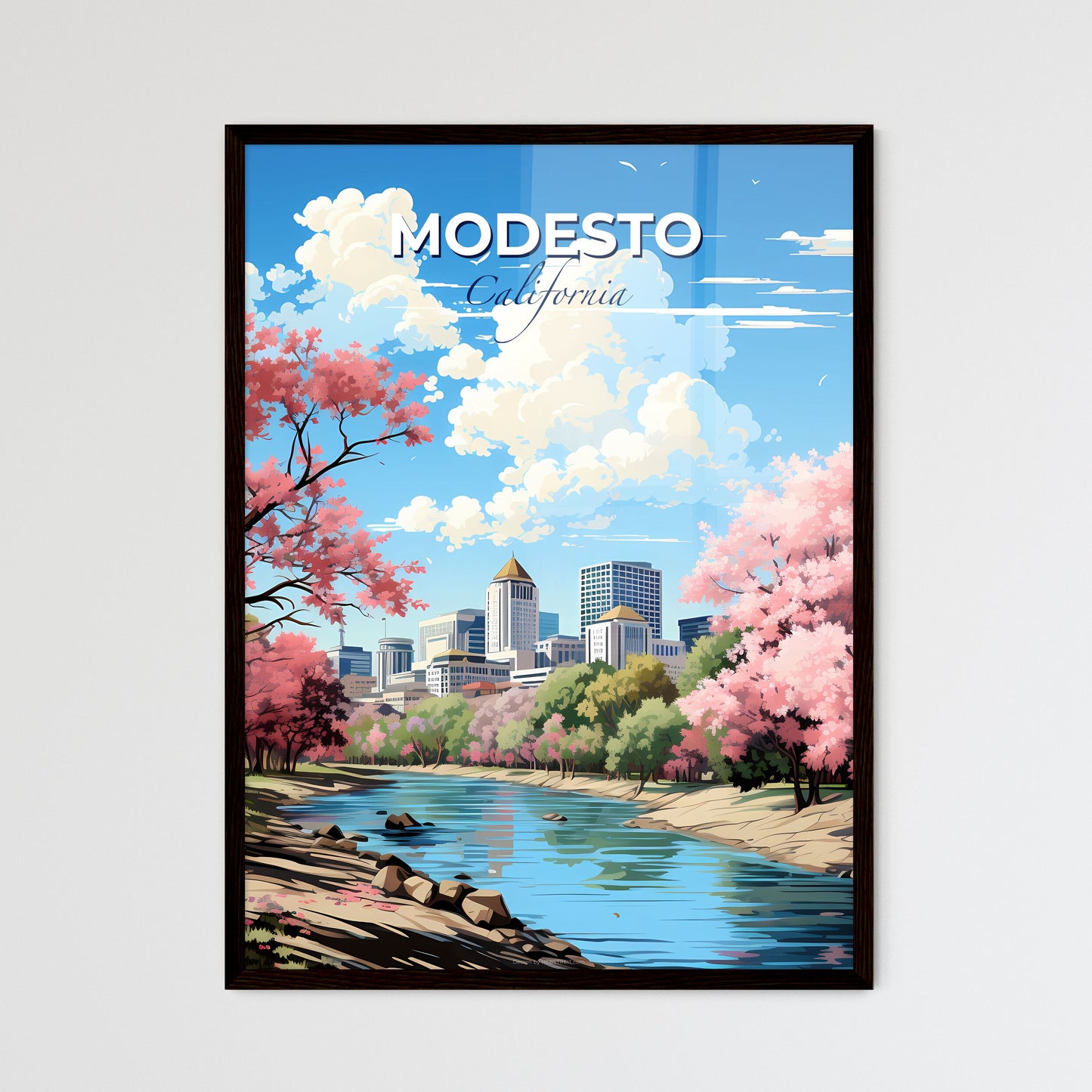Modesto, California, A Poster of a river with pink trees and buildings in the background Default Title