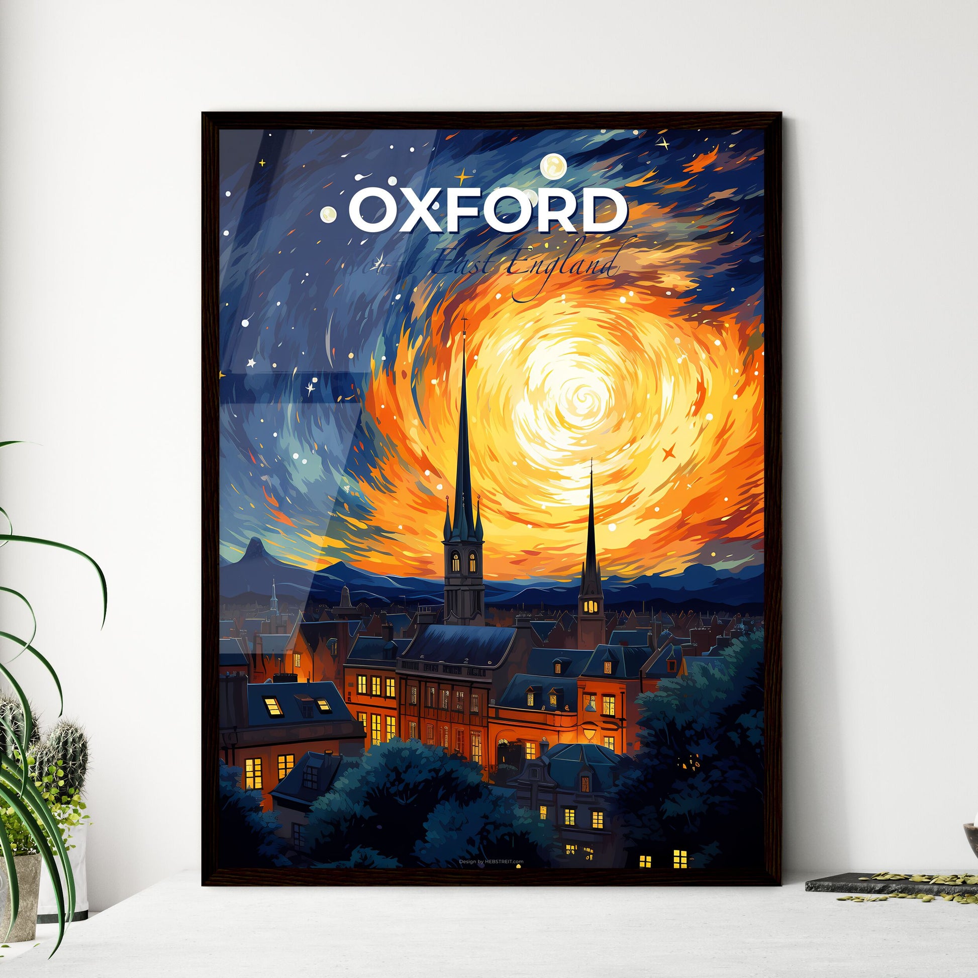 Oxford, South East England, A Poster of a painting of a city with a spiral of stars and a building Default Title
