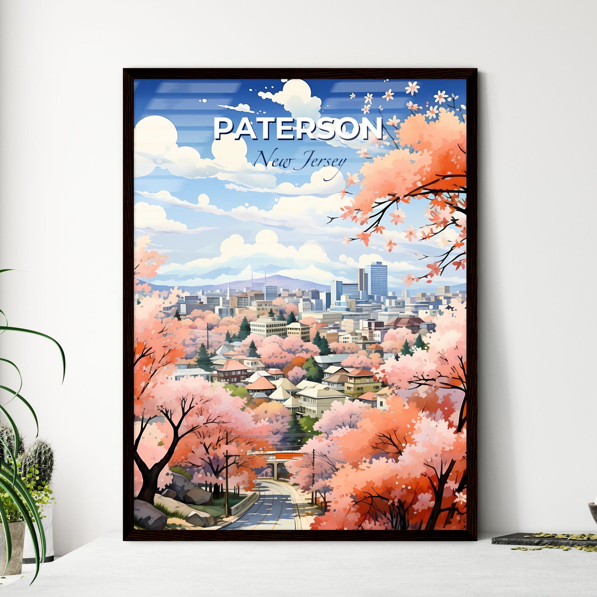 Paterson, New Jersey, A Poster of a city with pink trees and buildings Default Title