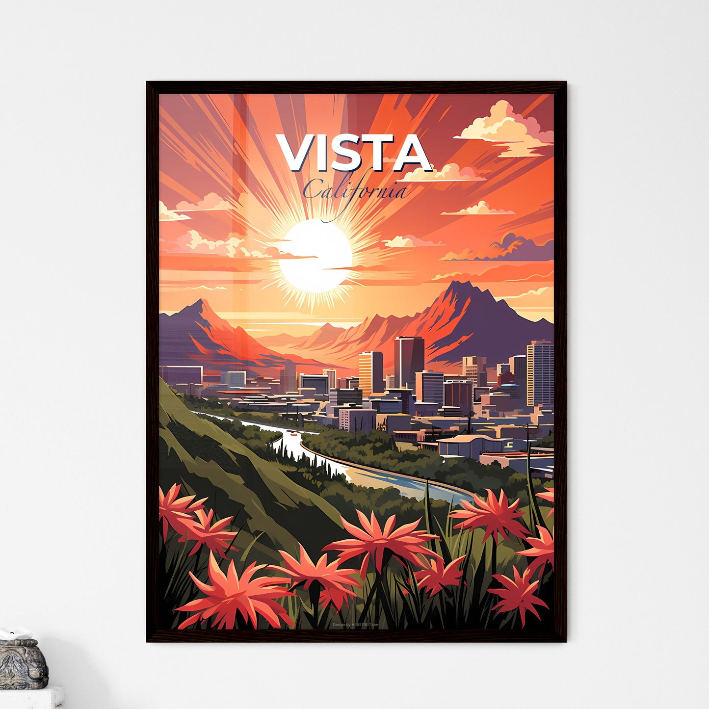Vista, California, A Poster of a city landscape with mountains and flowers Default Title