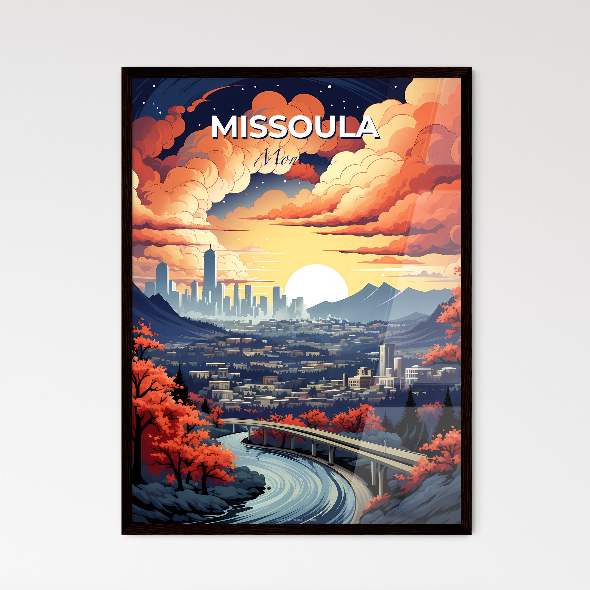 Missoula, Montana, A Poster of a landscape with a bridge and a city Default Title