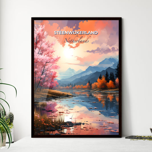 Steenwijkerland, Netherlands, A Poster of a lake with pink trees and mountains in the background Default Title
