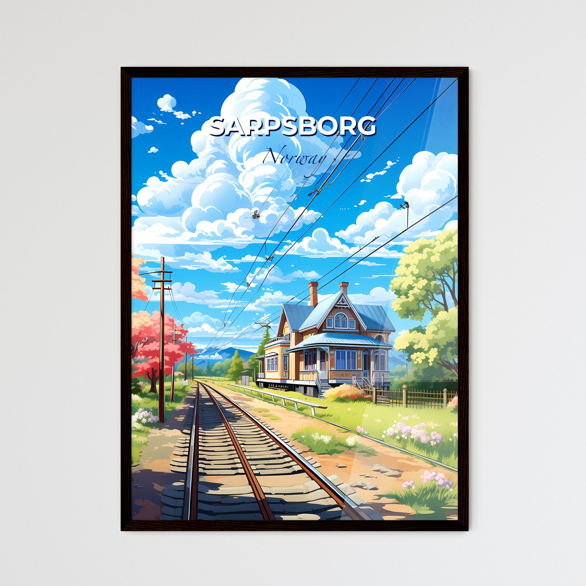 Sarpsborg, Norway, A Poster of a train tracks with a house and trees Default Title