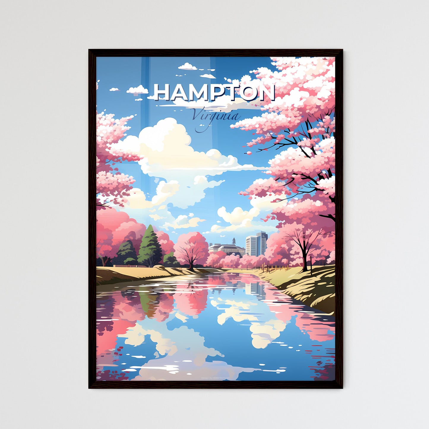 Hampton, Virginia, A Poster of a river with pink trees and buildings in the background Default Title