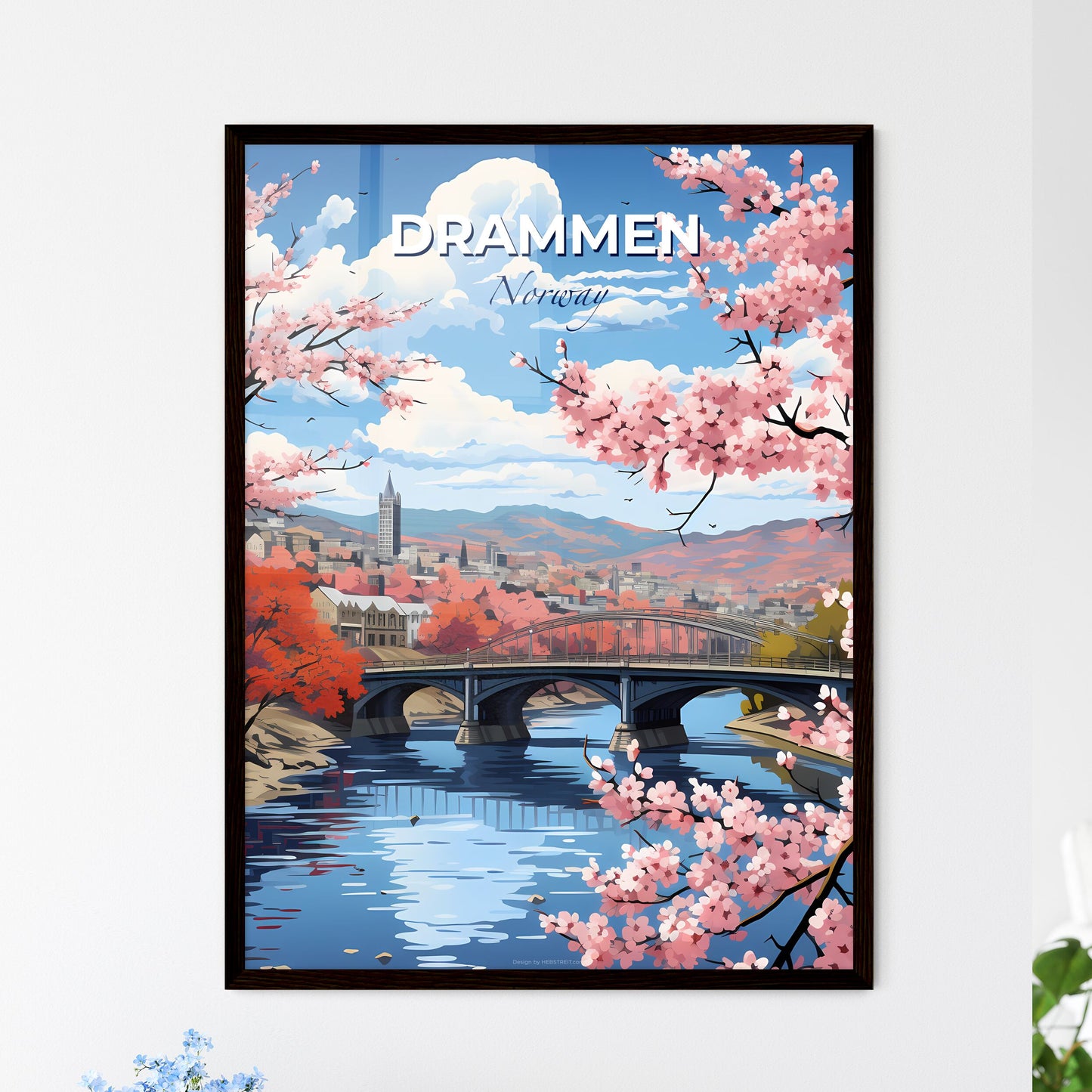 Drammen, Norway, A Poster of a bridge over a river with pink flowers Default Title