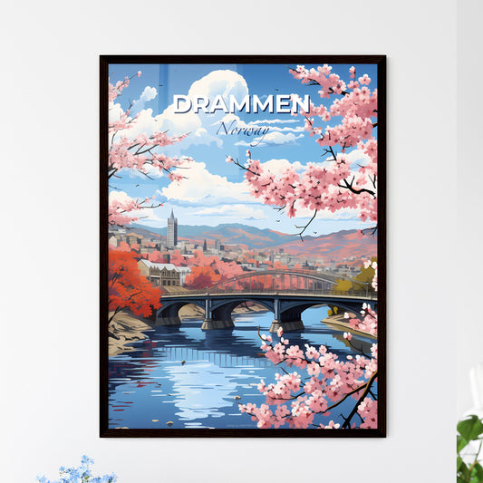 Drammen, Norway, A Poster of a bridge over a river with pink flowers Default Title