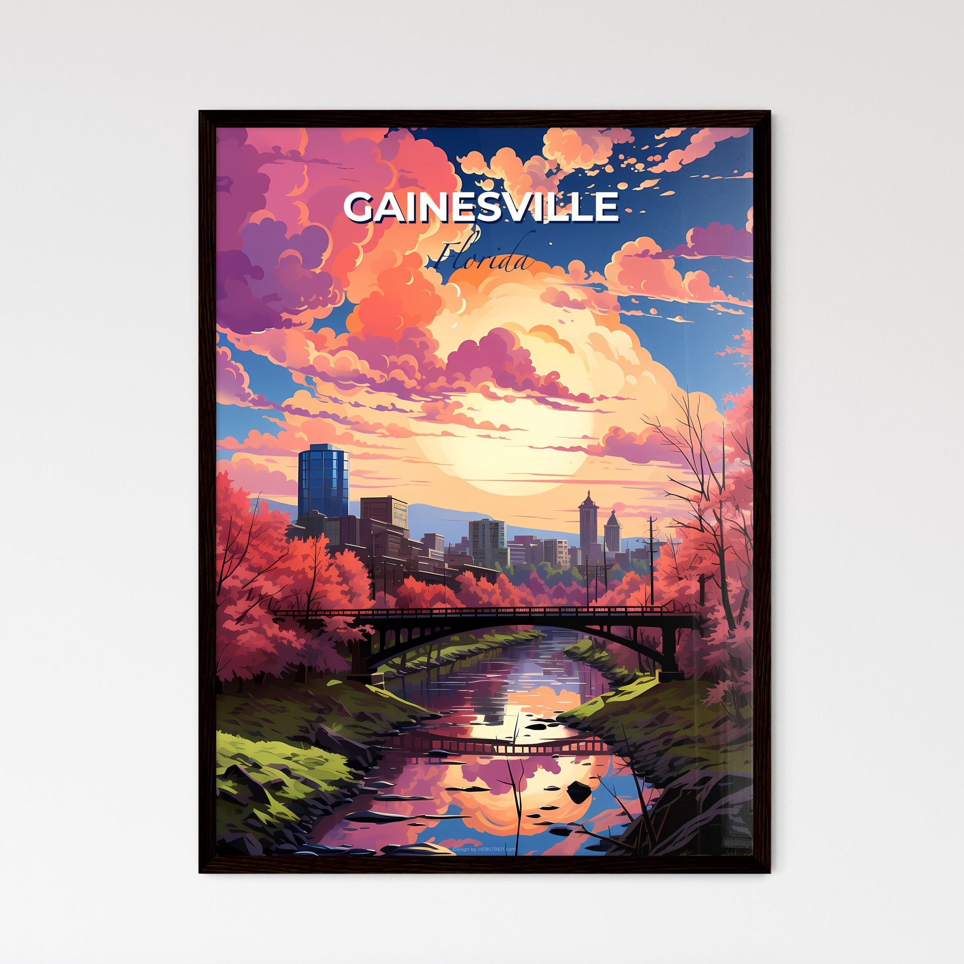 Gainesville, Florida, A Poster of a bridge over a river with pink trees and a city in the background Default Title