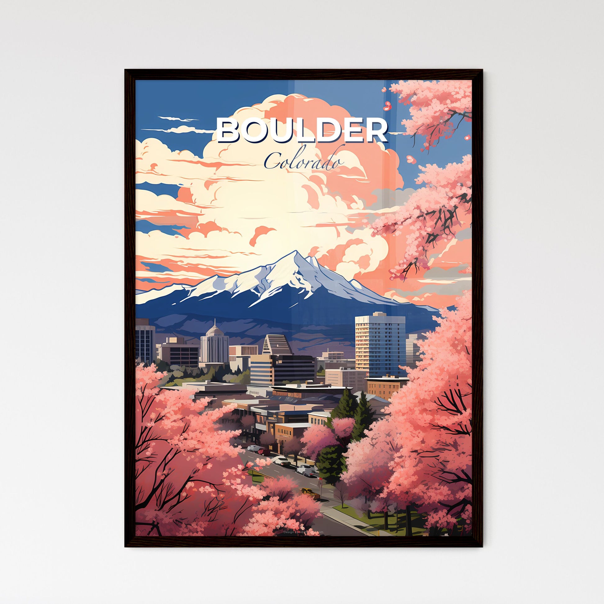 Boulder, Colorado, A Poster of a city with pink trees and mountains in the background Default Title