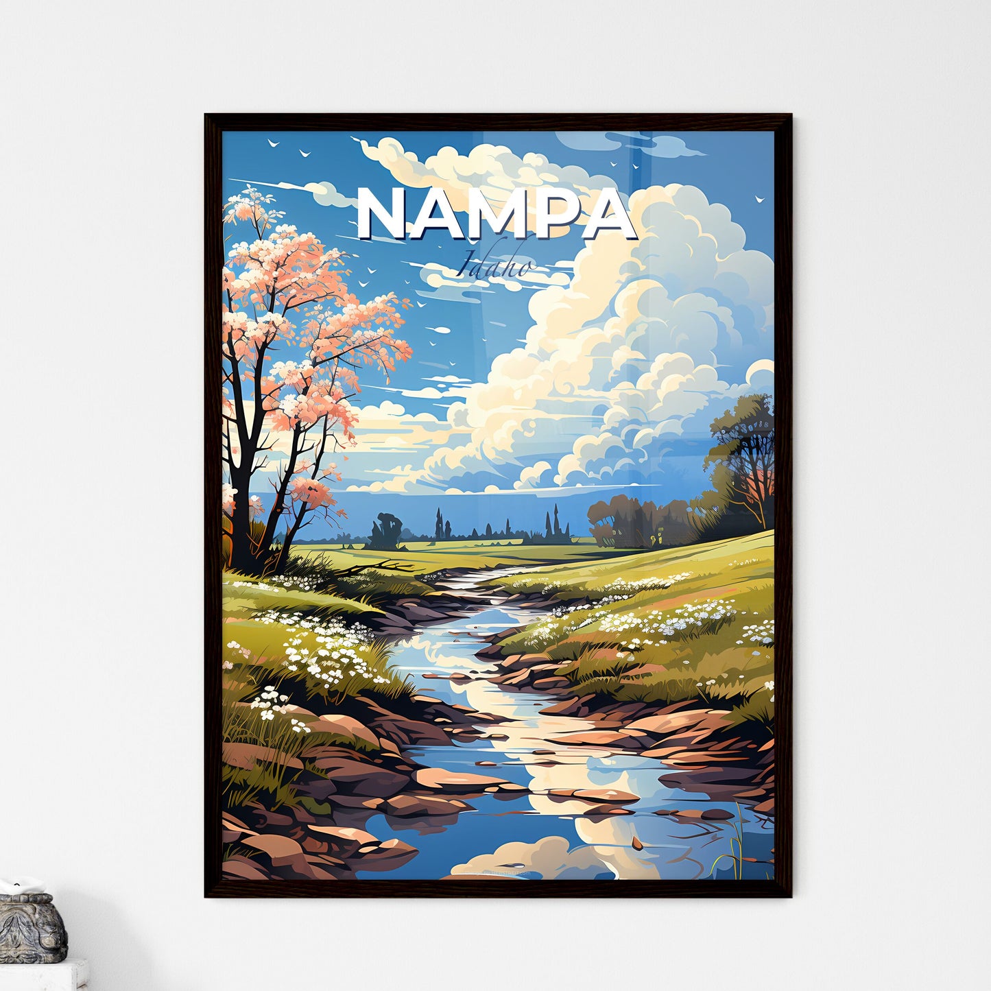 Nampa, Idaho, A Poster of a stream running through a grassy field Default Title