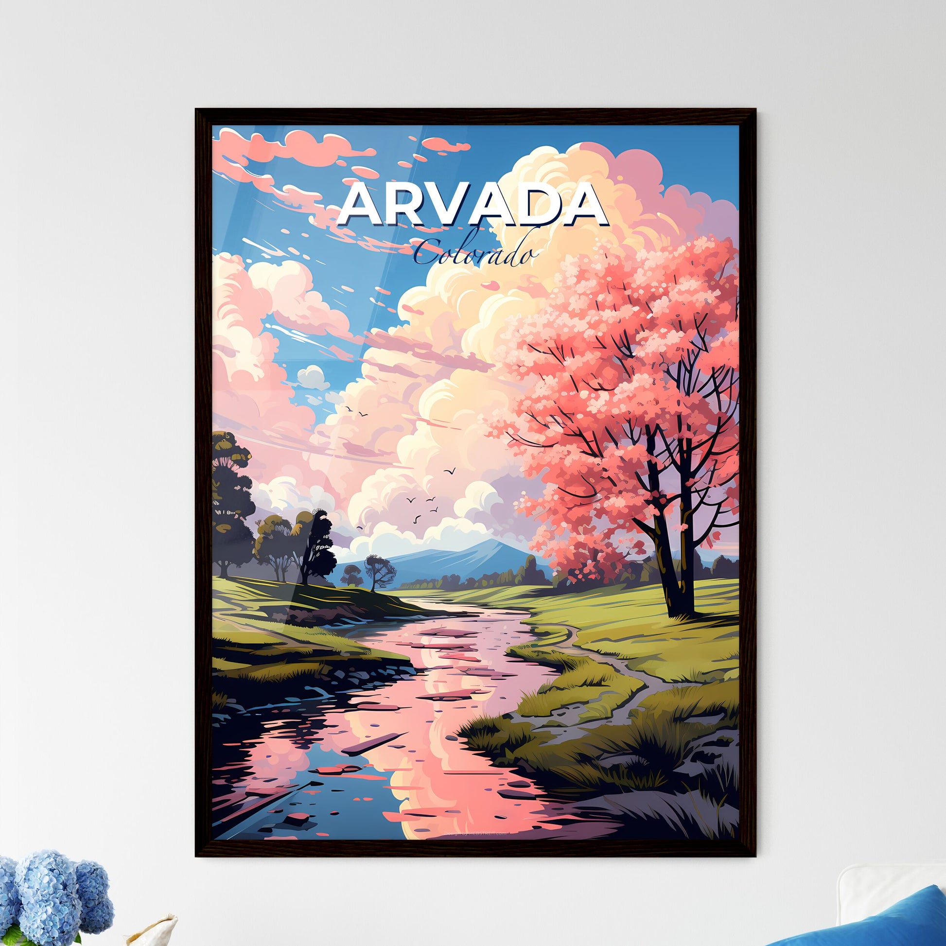 Arvada, Colorado, A Poster of a river running through a grassy field with trees and pink flowers Default Title