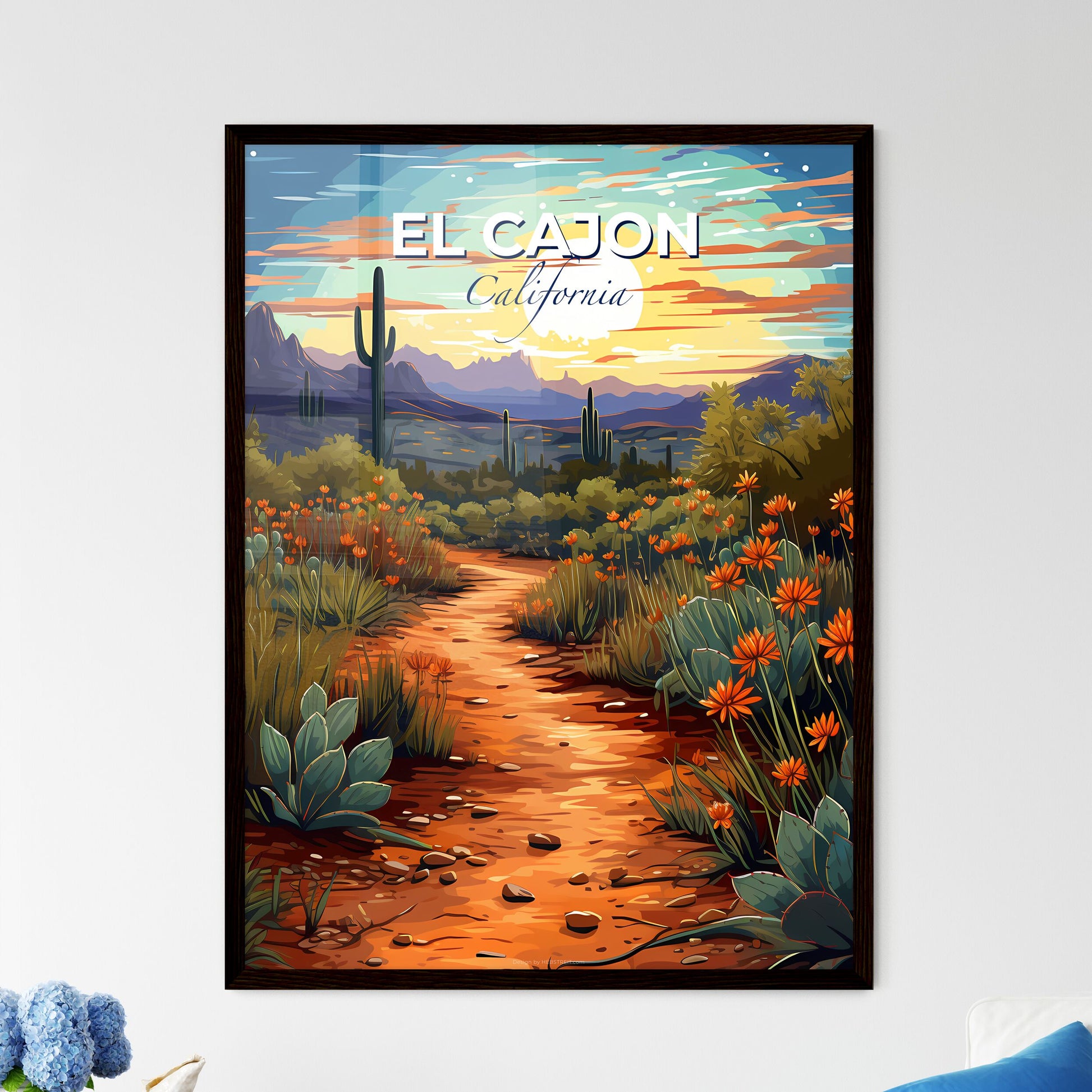 El Cajon, California, A Poster of a dirt path through a desert with cactuses and mountains Default Title