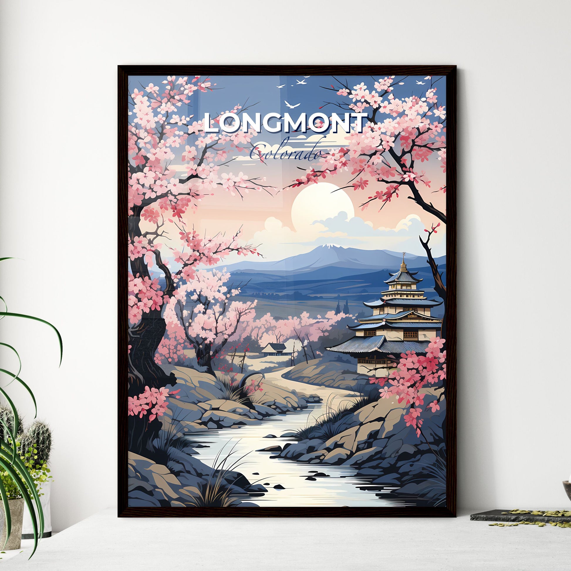 Longmont, Colorado, A Poster of a painting of a river running through a landscape with a pagoda and trees Default Title