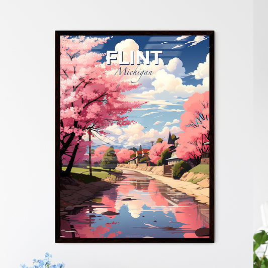 Flint, Michigan, A Poster of a water way with pink trees and houses Default Title