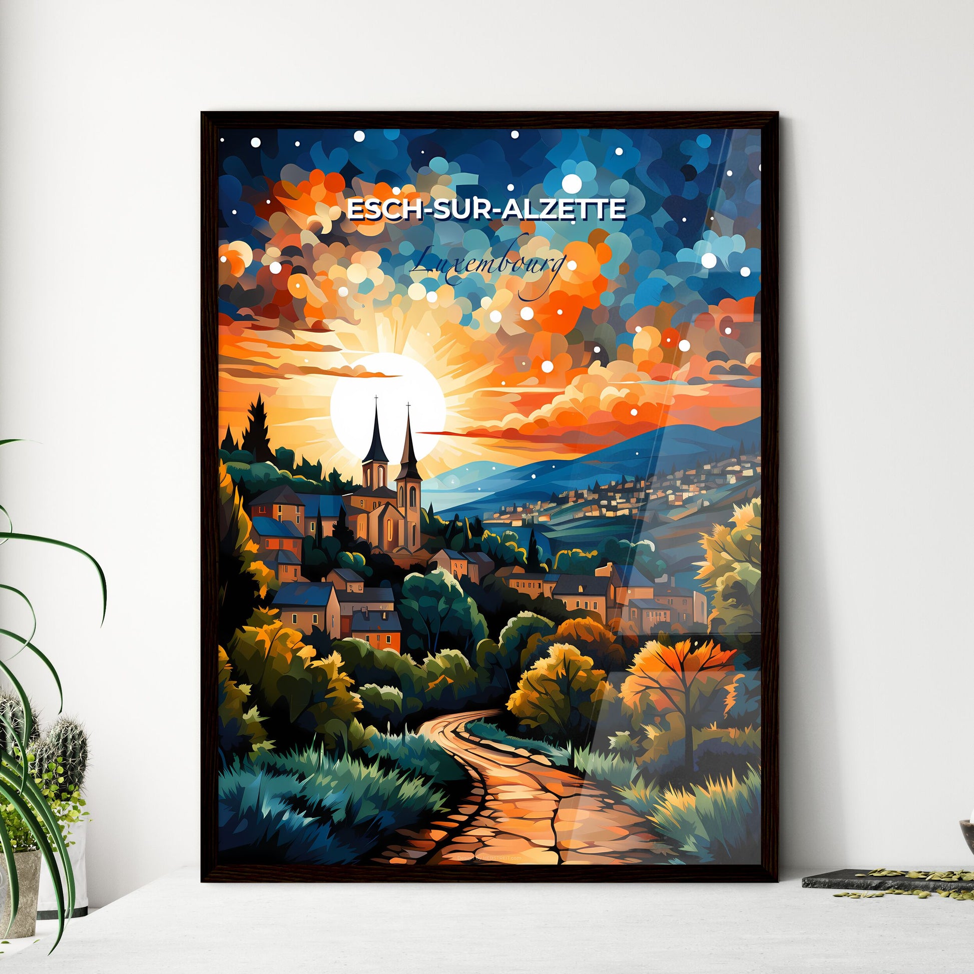 Esch-Sur-Alzette, Luxembourg, A Poster of a painting of a town with trees and a road Default Title