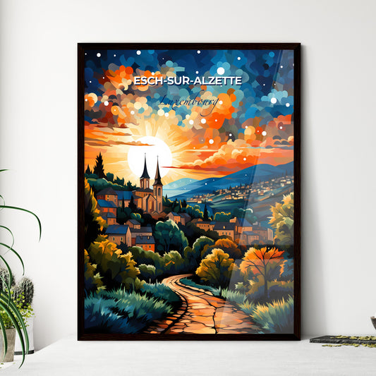 Esch-Sur-Alzette, Luxembourg, A Poster of a painting of a town with trees and a road Default Title