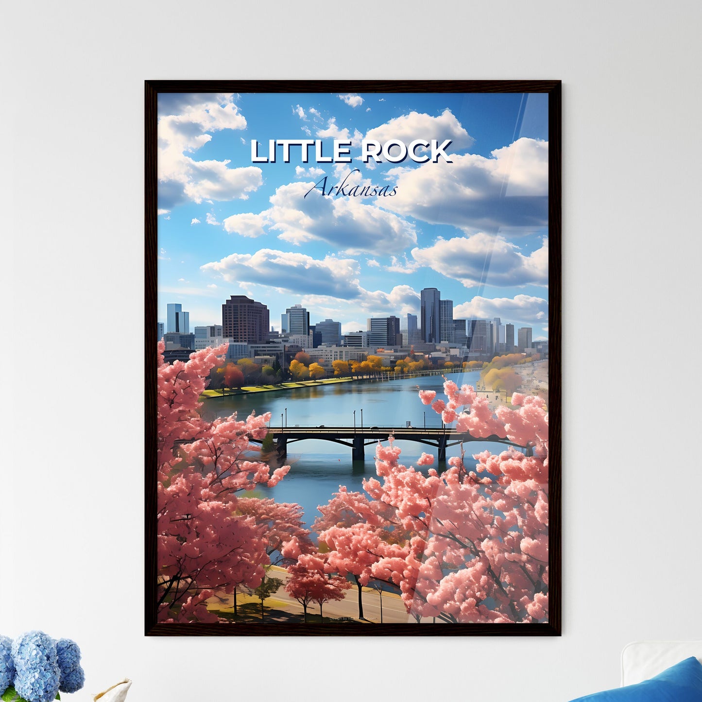 Little Rock, Arkansas, A Poster of a bridge over a river with pink flowers Default Title