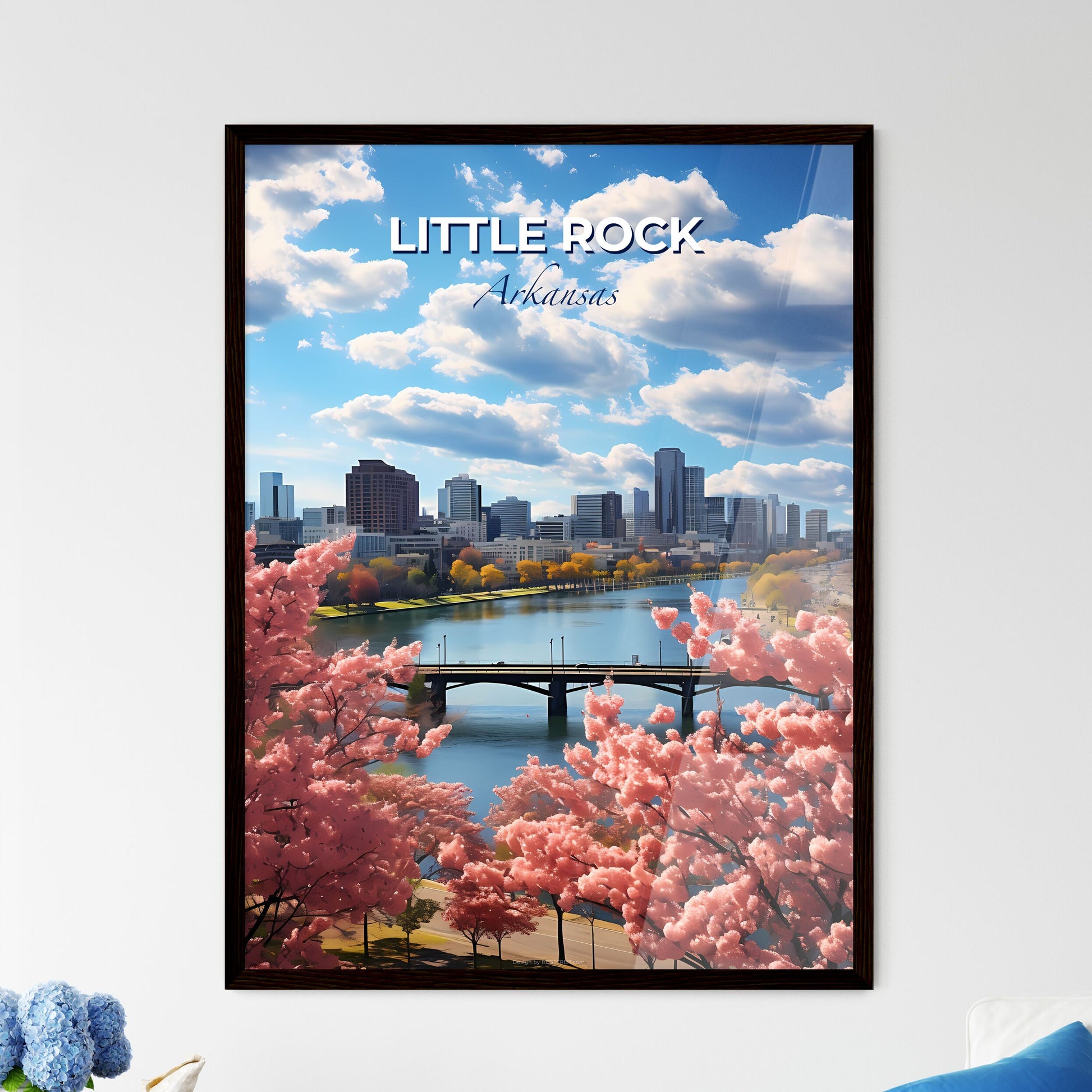Little Rock, Arkansas, A Poster of a bridge over a river with pink flowers Default Title