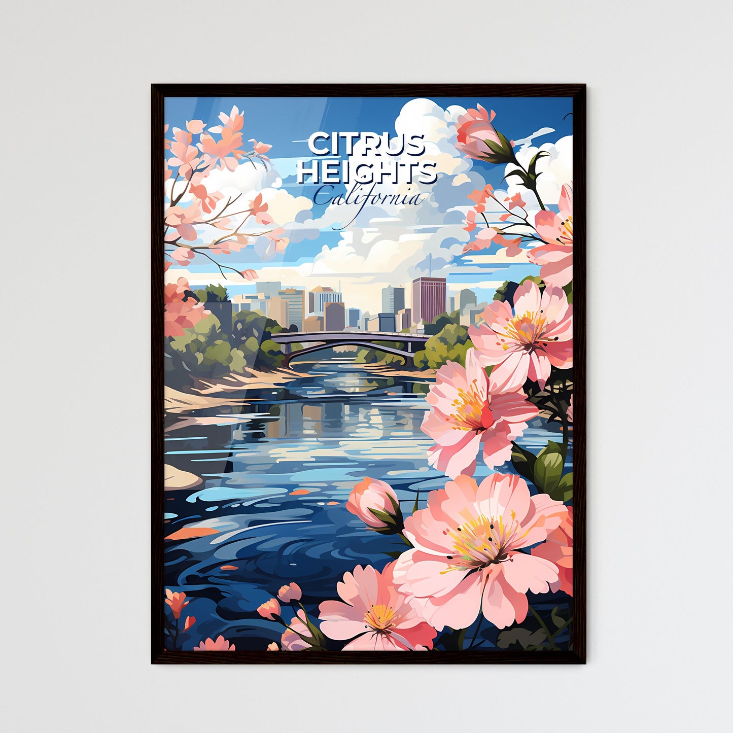 Citrus Heights, California, A Poster of a painting of a river with pink flowers and a bridge in the background Default Title
