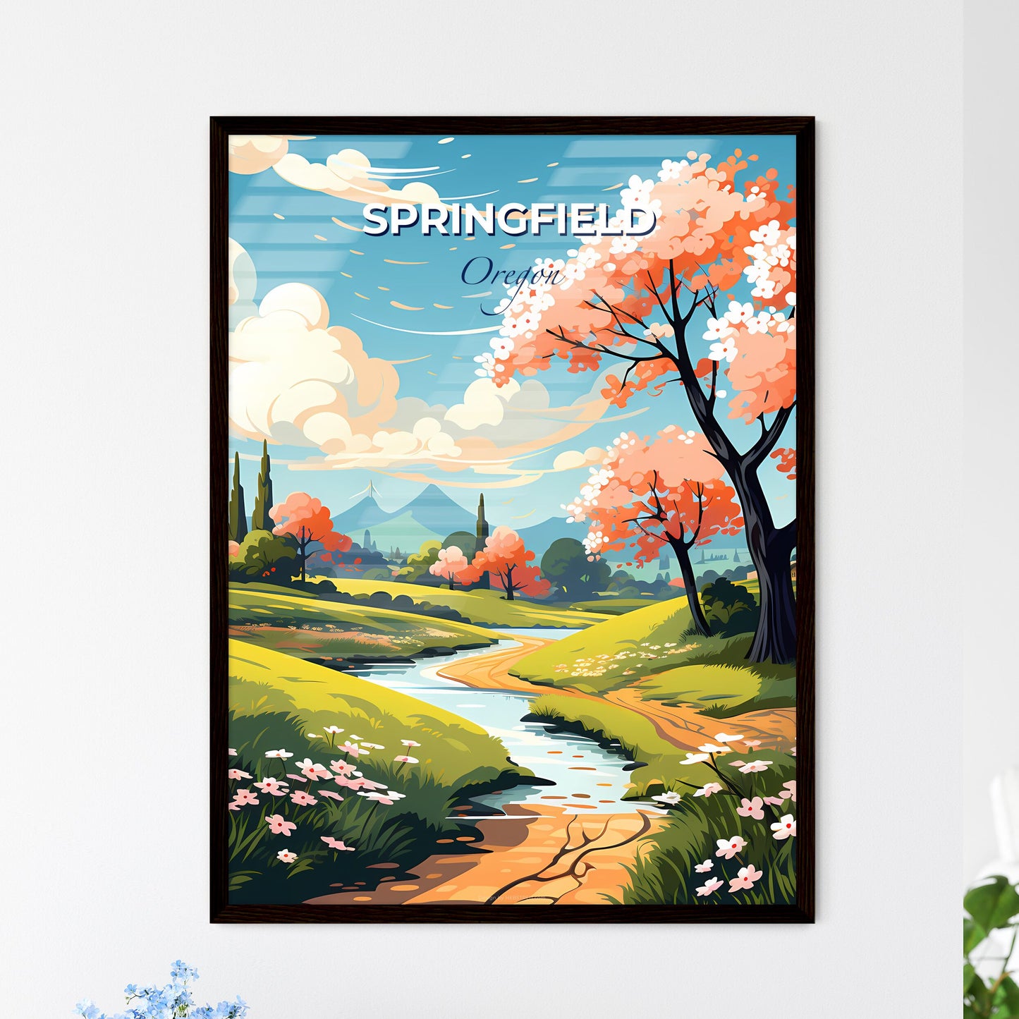 Springfield, Oregon, A Poster of a stream running through a valley with trees and flowers Default Title