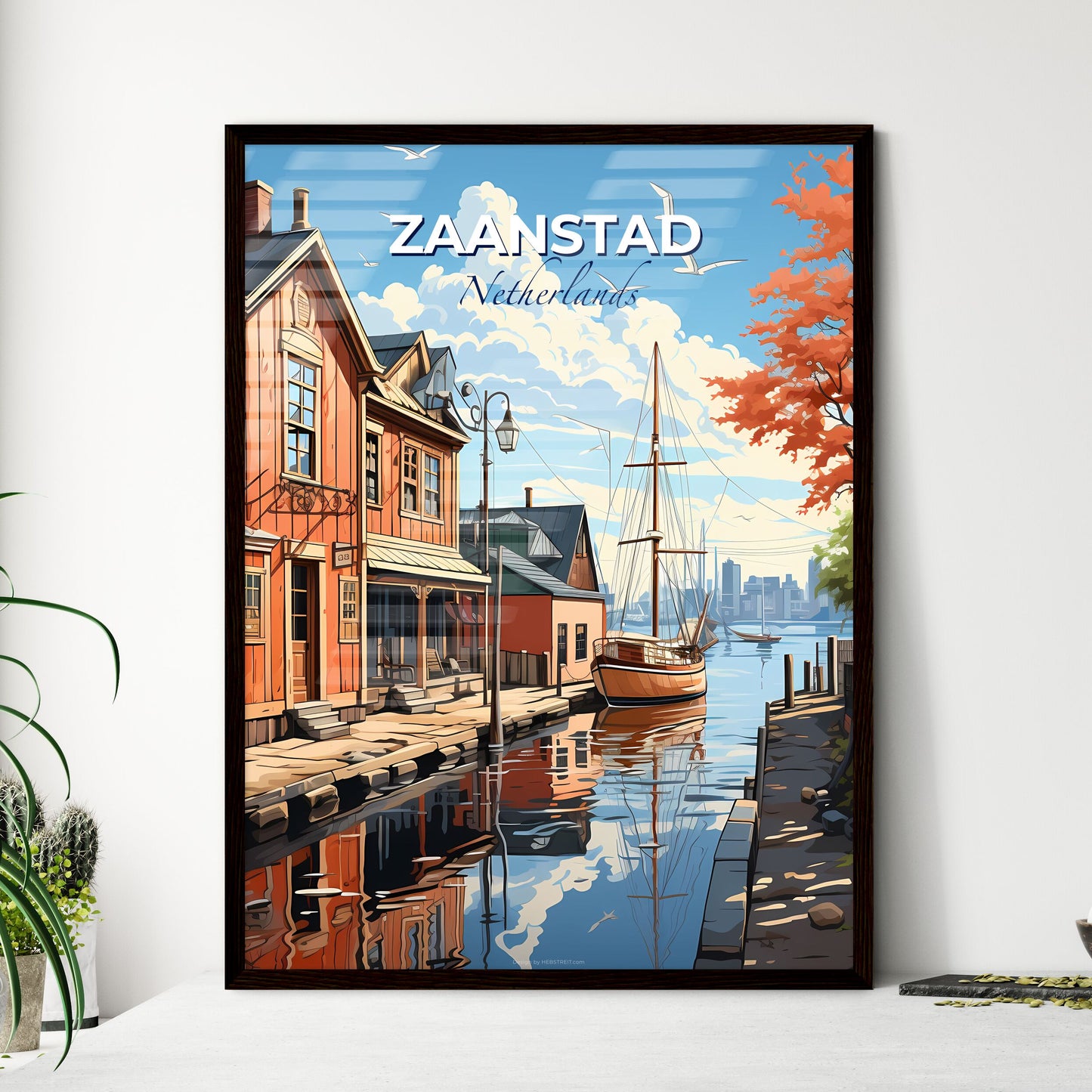 Zaanstad, Netherlands, A Poster of a painting of a canal with buildings and a boat Default Title