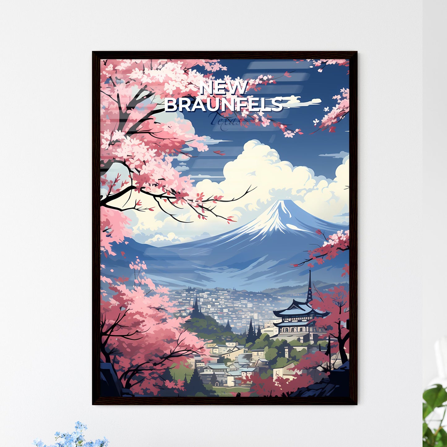 New Braunfels, Texas, A Poster of a mountain with pink flowers and a city with a mountain in the background Default Title