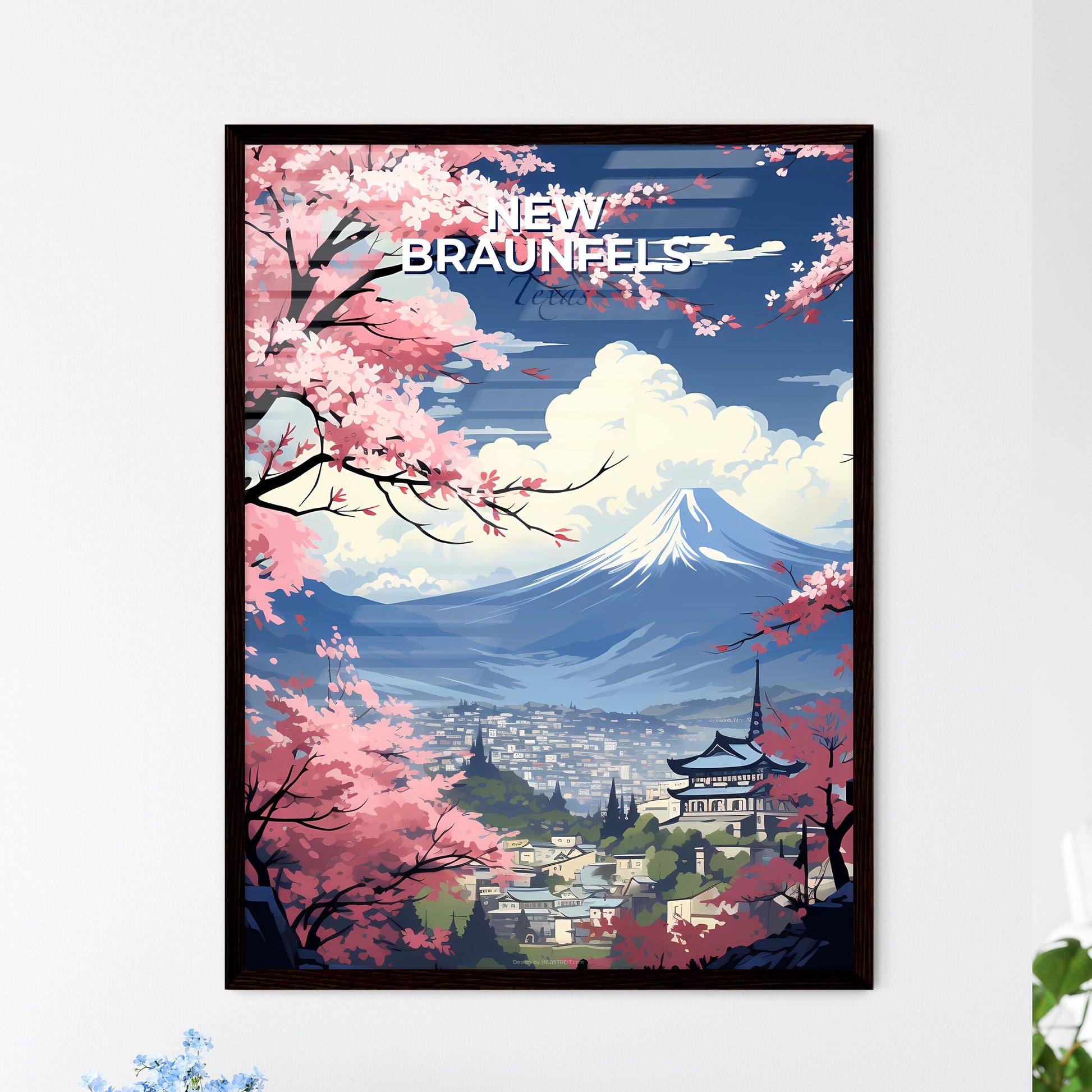 New Braunfels, Texas, A Poster of a mountain with pink flowers and a city with a mountain in the background Default Title