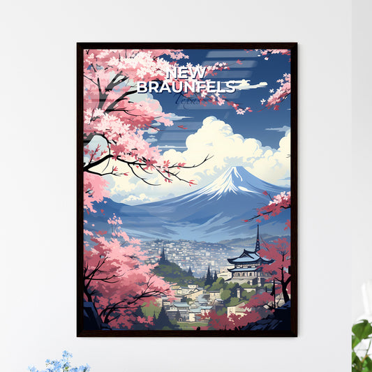 New Braunfels, Texas, A Poster of a mountain with pink flowers and a city with a mountain in the background Default Title