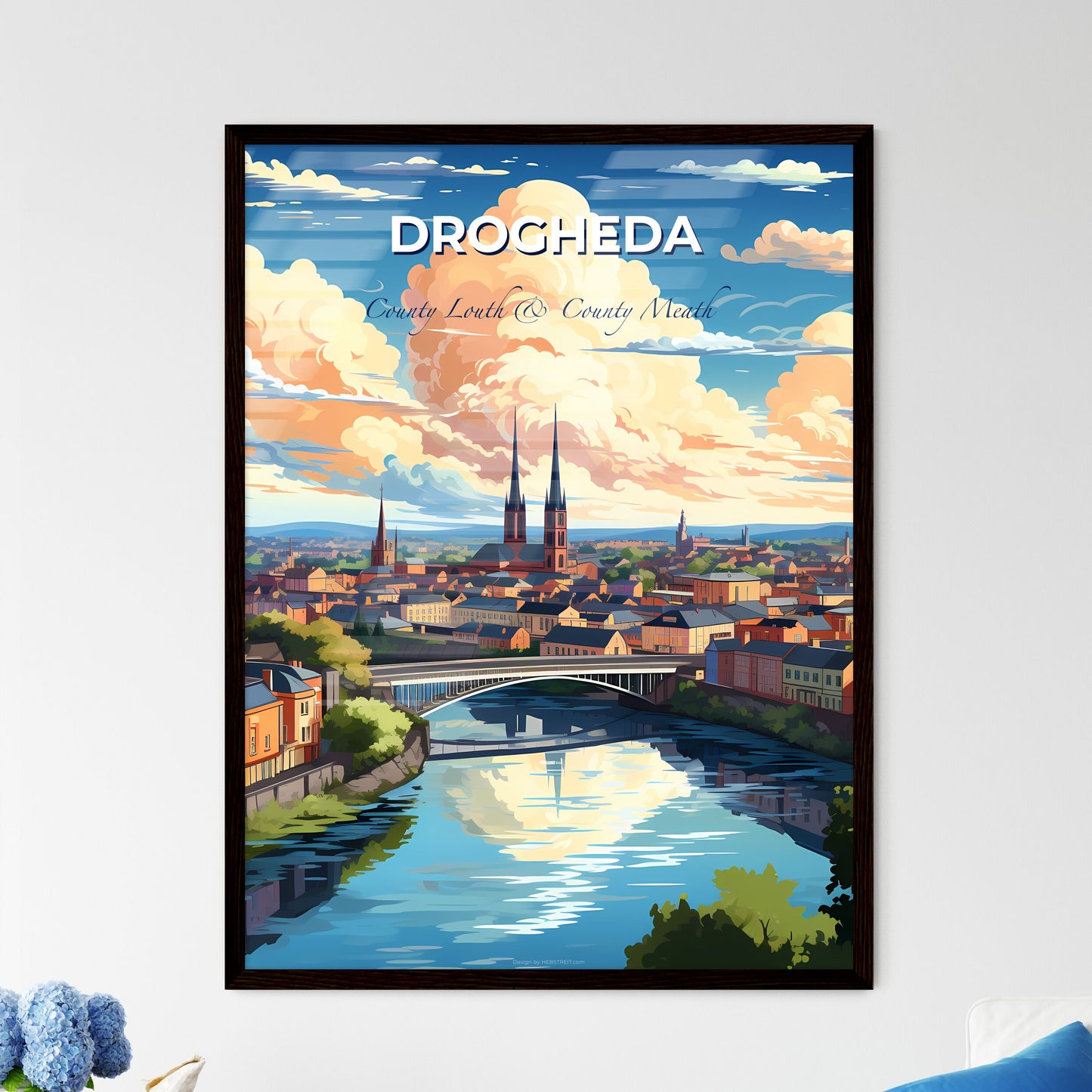 Drogheda, County Louth & County Meath, A Poster of a river with a bridge over a city Default Title