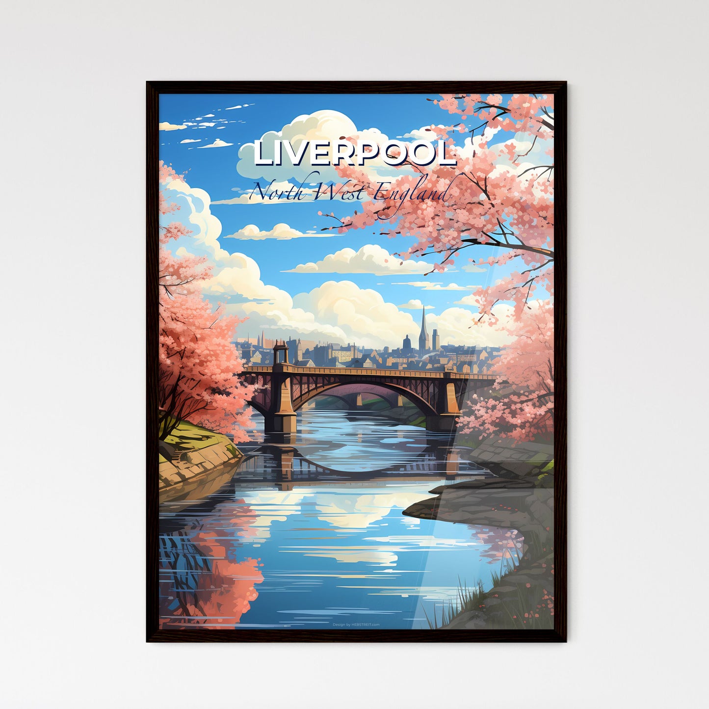 Liverpool, North West England, A Poster of a bridge over a river with pink flowers Default Title