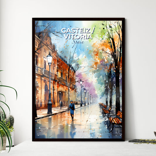 Gasteiz / Vitoria, Spain, A Poster of a person walking on a sidewalk with benches and trees Default Title