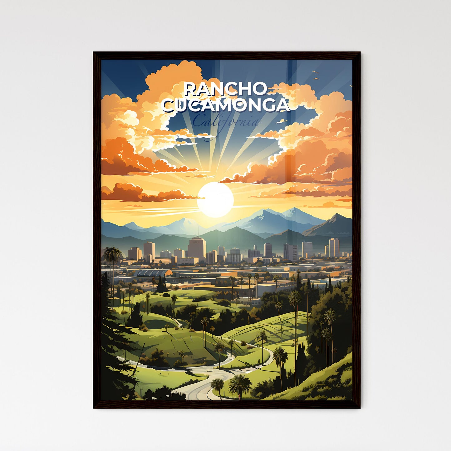 Rancho Cucamonga, California, A Poster of a landscape with a city and mountains Default Title