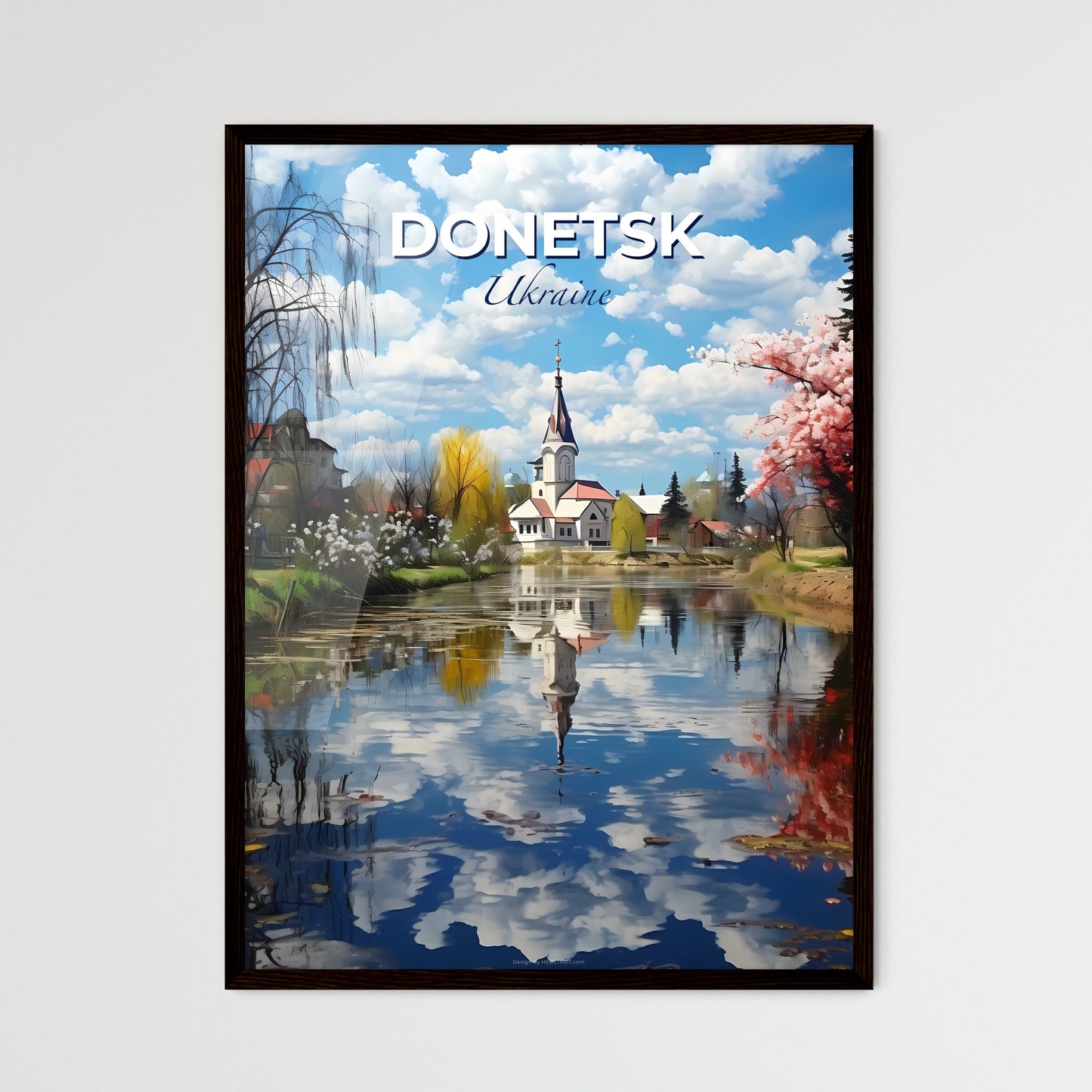 Donetsk, Ukraine, A Poster of a body of water with a church and trees in the background Default Title