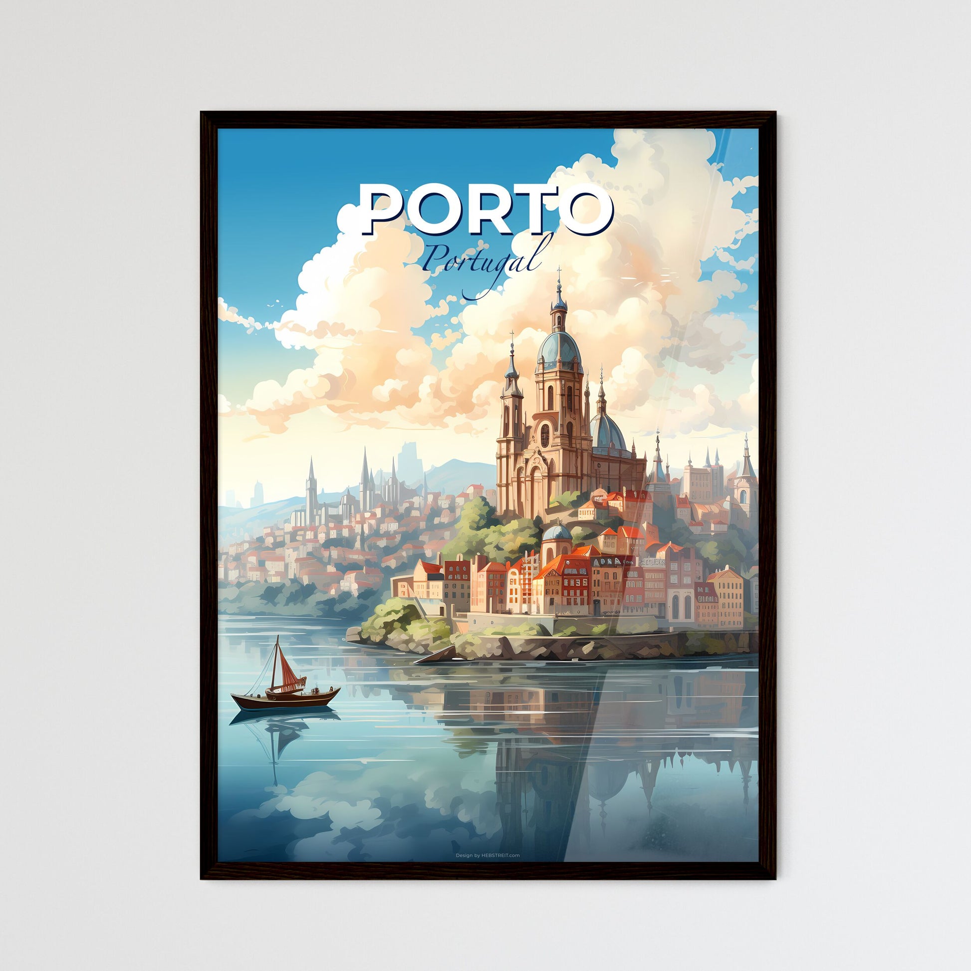 Porto, Portugal, A Poster of a city on a hill with a boat on the water Default Title