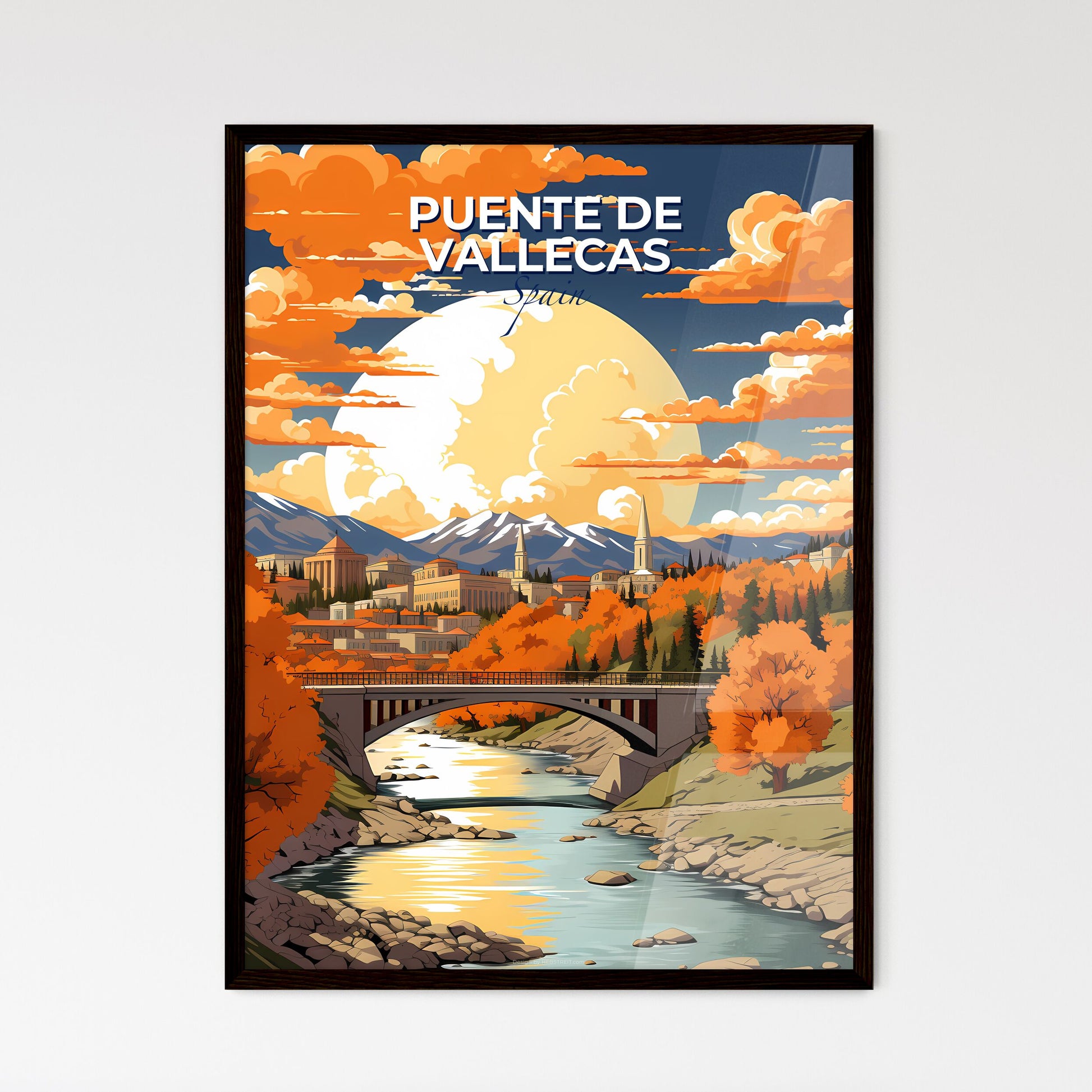 Puente De Vallecas, Spain, A Poster of a bridge over a river with orange trees and mountains in the background Default Title