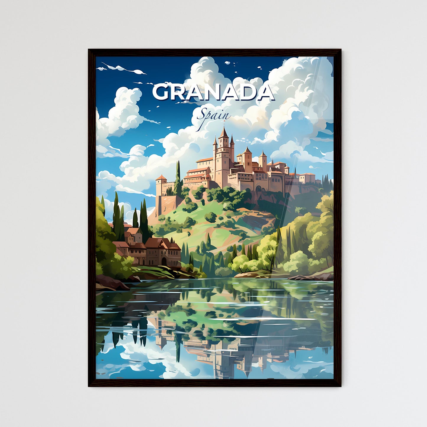 Granada, Spain, A Poster of a castle on a hill with trees and a river Default Title
