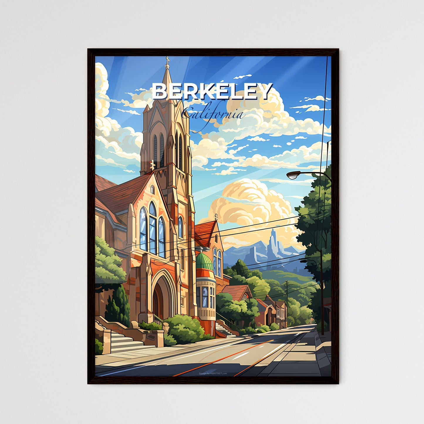 Berkeley, California, A Poster of a church with a steeple and trees on the side of the road Default Title