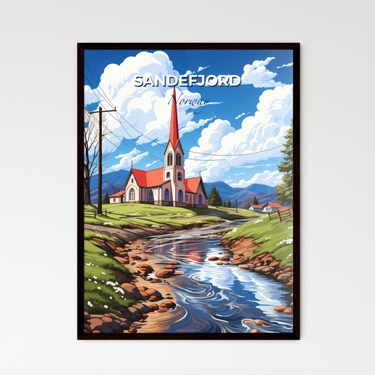 Sandefjord, Norway, A Poster of a church with a red roof and a red steeple on a hill with a stream of water Default Title