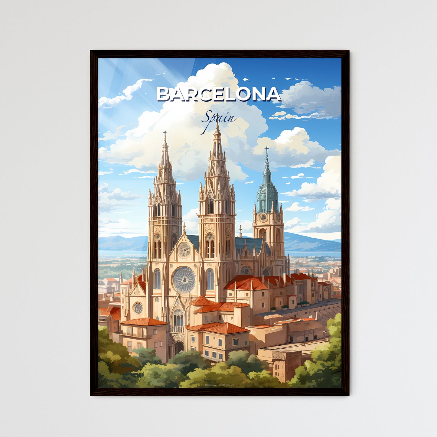Barcelona, Spain, A Poster of a large building with towers and a city in the background Default Title