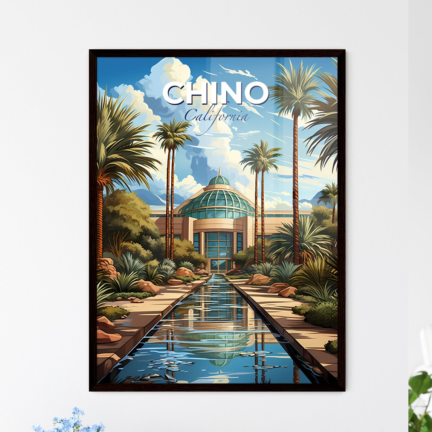 Chino, California, A Poster of a water way with palm trees and a building Default Title
