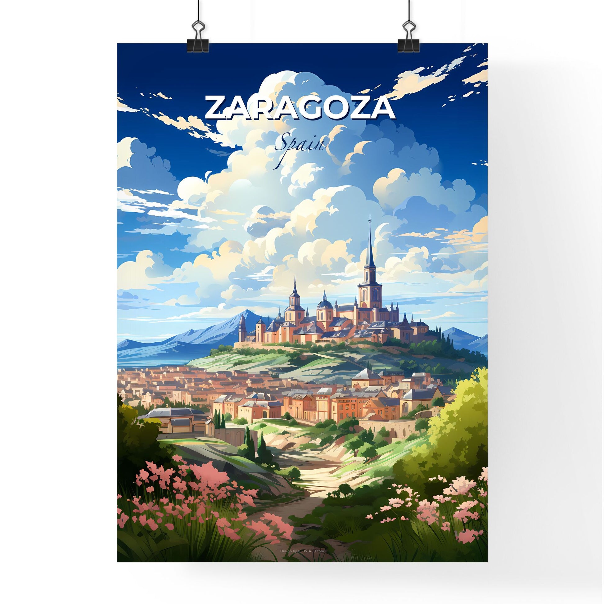 Zaragoza, Spain, A Poster of a landscape of a town with a castle and mountains Default Title