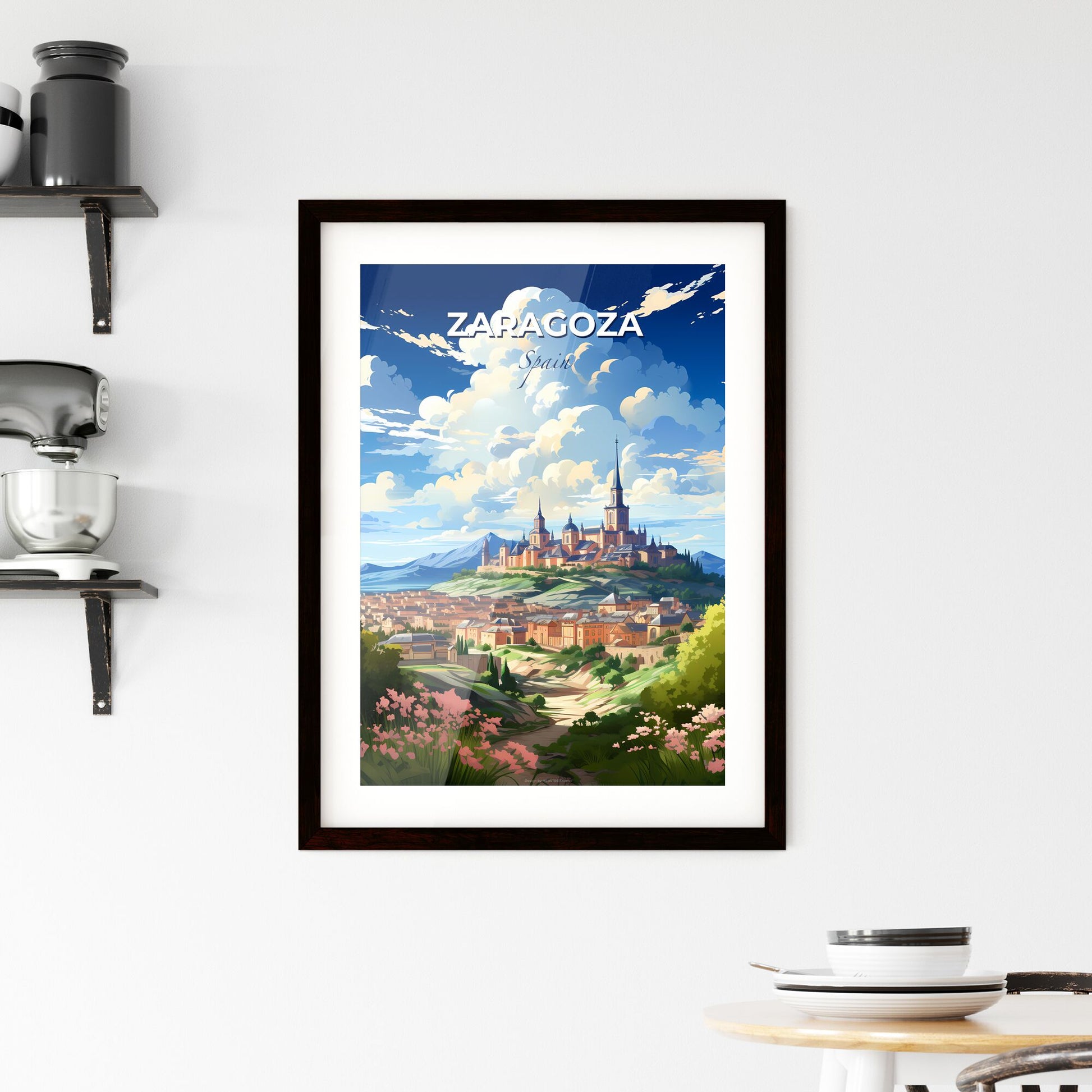Zaragoza, Spain, A Poster of a landscape of a town with a castle and mountains Default Title
