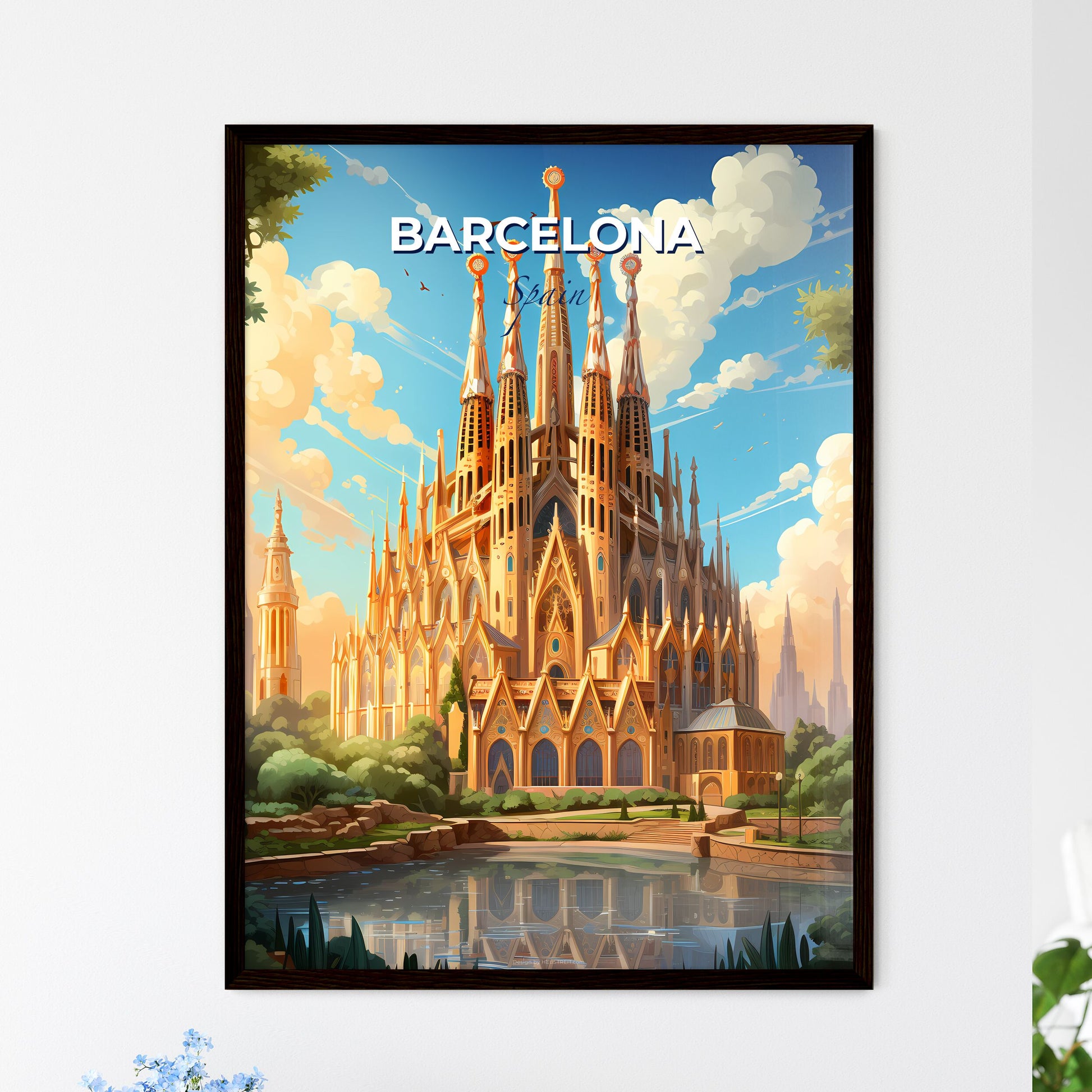 Barcelona, Spain, A Poster of a castle with many spires and a pond with Sagrada Família in the background Default Title