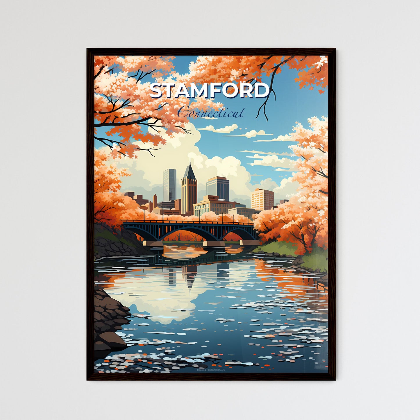 Stamford, Connecticut, A Poster of a river with a bridge and trees with orange leaves Default Title