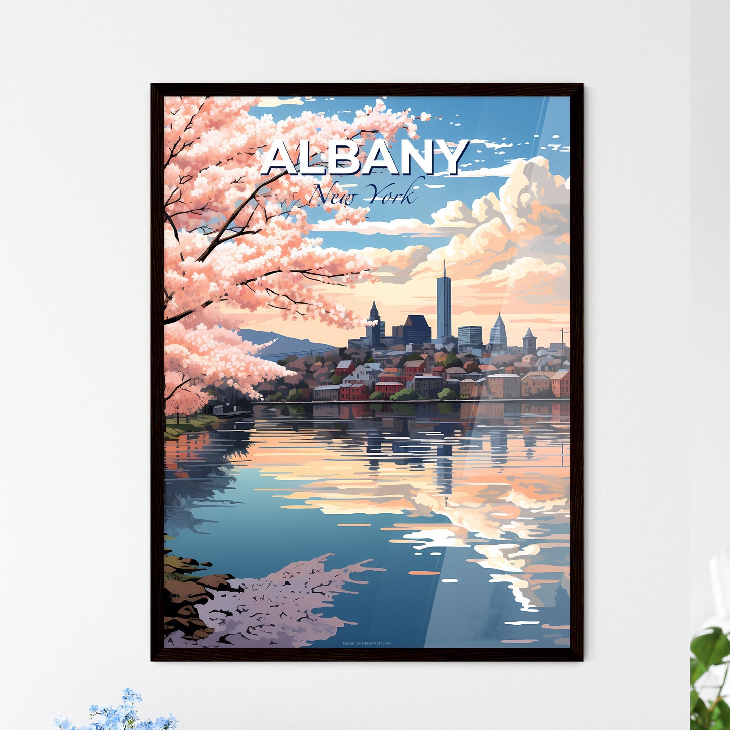 Albany, New York, A Poster of a water body with pink flowers and a city in the background Default Title