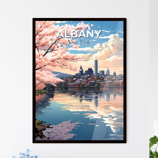 Albany, New York, A Poster of a water body with pink flowers and a city in the background Default Title