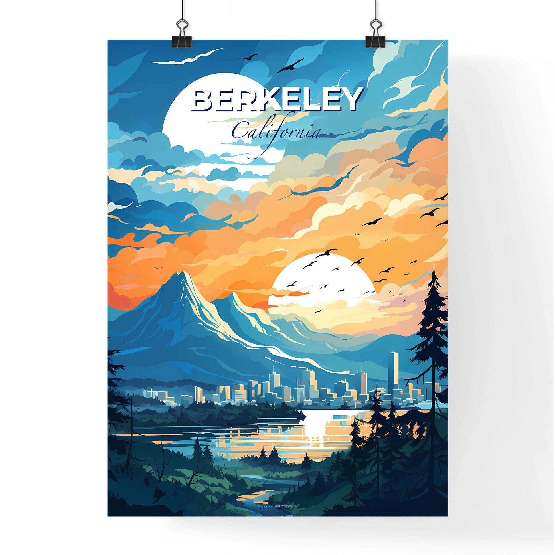 Berkeley, California, A Poster of a landscape of a city and mountains with birds flying in the sky Default Title