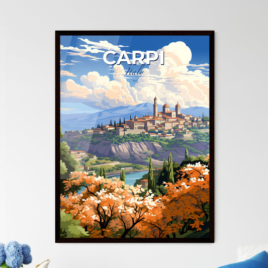 Carpi, Italy, A Poster of a painting of a town on a hill with trees and a river Default Title